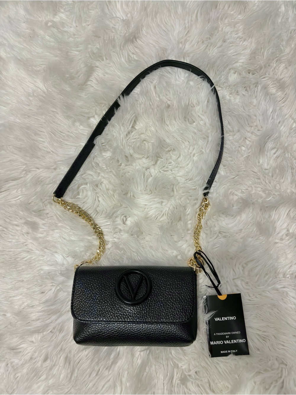 Valentino Black Pebbled Leather Crossbody with Gold Chain